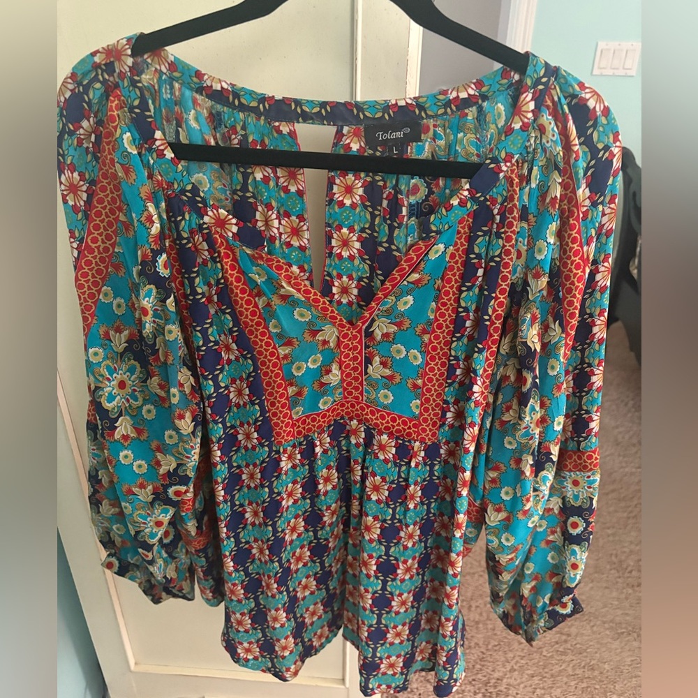 Anthropologie Vibrant Floral Blouse in Blue and Red